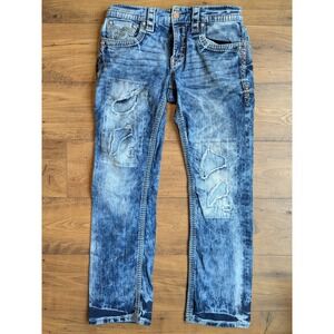 Rock Revival Felex Slim Straight Jeans Mens 34 Distressed Denim Fleur Lis Button